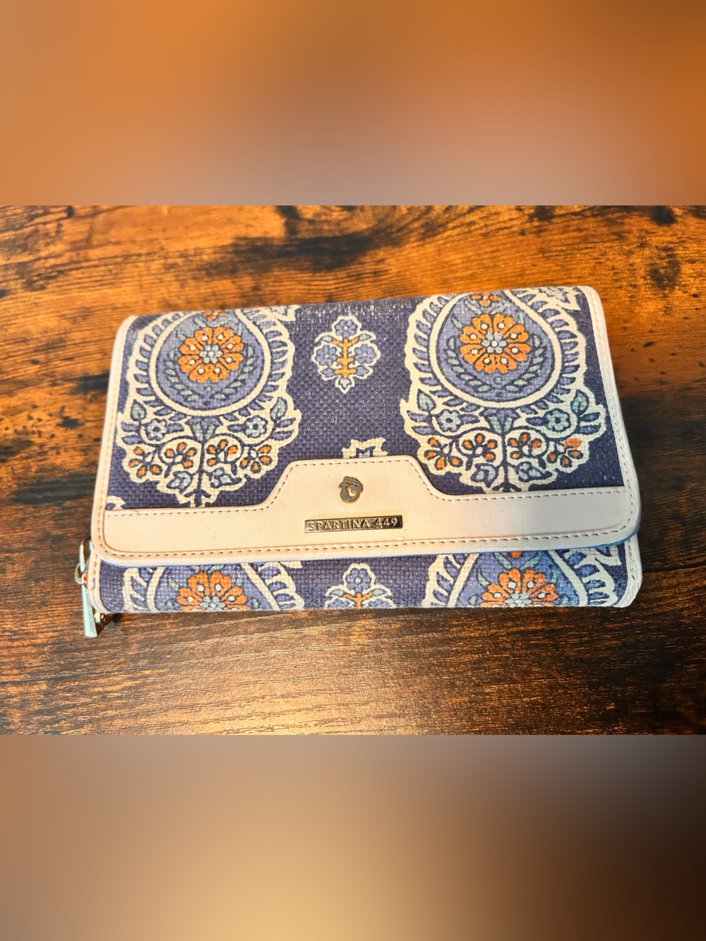 Spartina 449 Women’s Bohème Paisley Clutch Wallet Blue Linen Leather